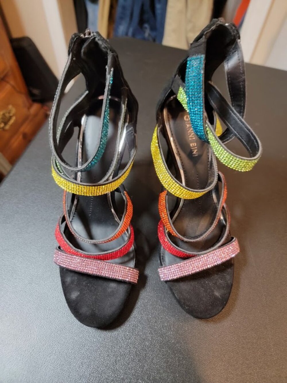 Gianni Bini Rainbow Rhinestone Strappy Heels Women's Size 8 Black Multicolor
